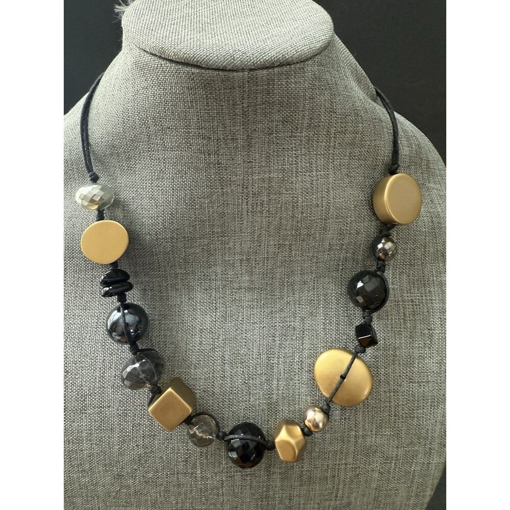Laura Ashley Geometric Bead Necklace Gold Black Cord Beaded Metallic Abstract
